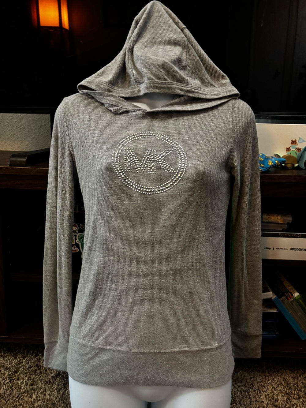 Mcbling Michael Kors Gray Rhinestone Logo Hooded Long-Sleeve Top
